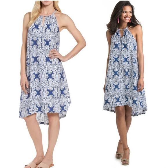 Vineyard Vines Women's Blue Mirrored Leaves Trapeze Tassel Halter Dress Size 4 - Picture 10 of 10